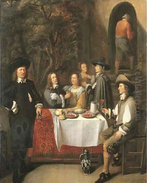 Elegant company at a table on a terrace Oil Painting by Gillis Van Tilborch