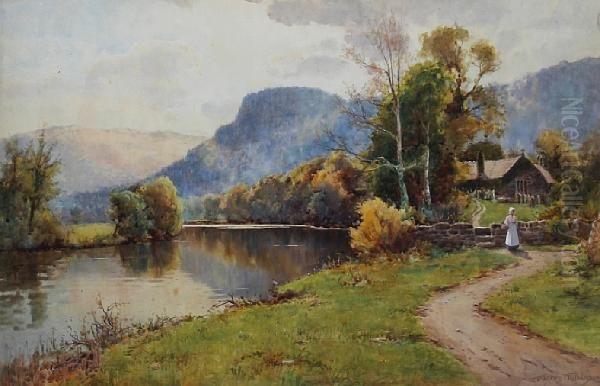 Conway Valley - Wooded River Landscape Withyoung Maiden Before A Church Oil Painting by Warren Williams
