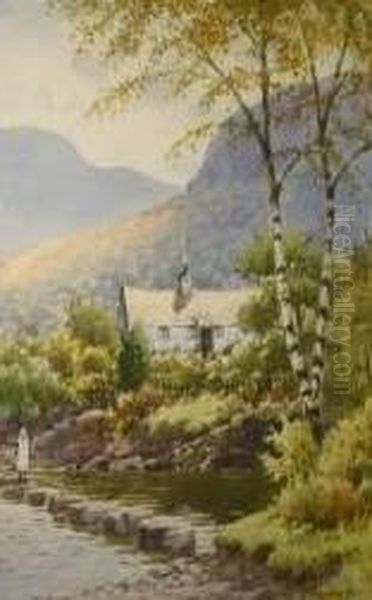 Conwy Valley Landscape With Lady On Stepping Stones And Cottage Oil Painting by Warren Williams