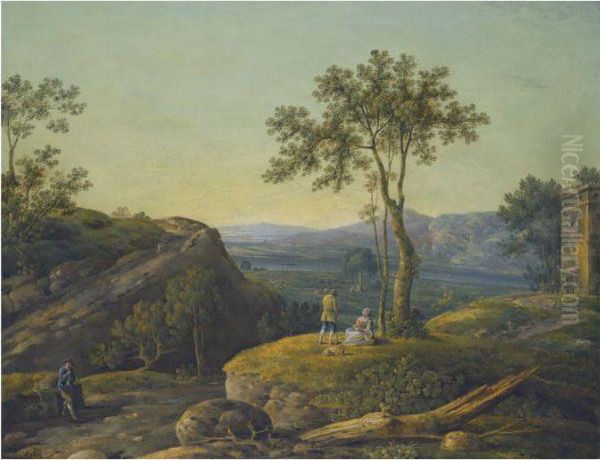 An Italianate River Landscape 
With Figures Resting In Theforeground And Sheep And Cattle In The Middle
 Distance Oil Painting by Richard Wilson