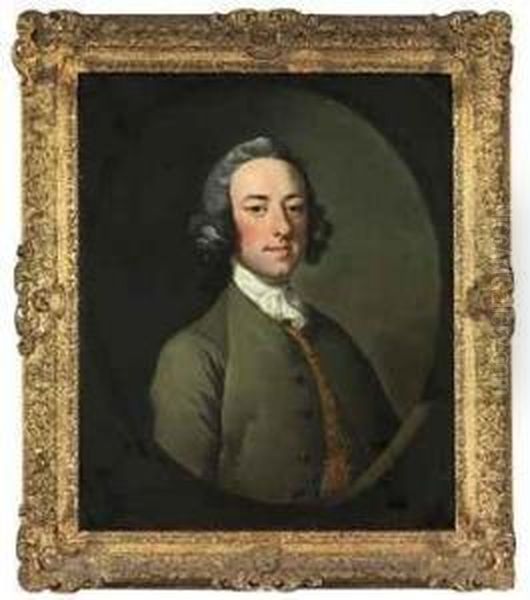 Portrait Of A Gentleman, Said To
 Be William Lock (1732-1810),bust-length, In A Grey Coat, A 
Gold-embroidered Blue Waistcoat Andwhite Stock, In A Sculpted Cartouche Oil Painting by Richard Wilson