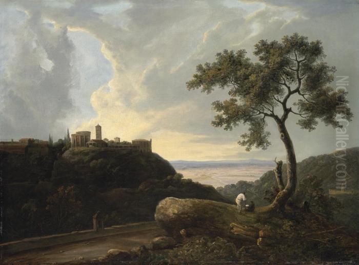 An Extensive Classical Landscape
 With An Artist Sketching The Temple Of The Sibyl And The Temple Of 
Tiburtius, Tivoli Oil Painting by Richard Wilson