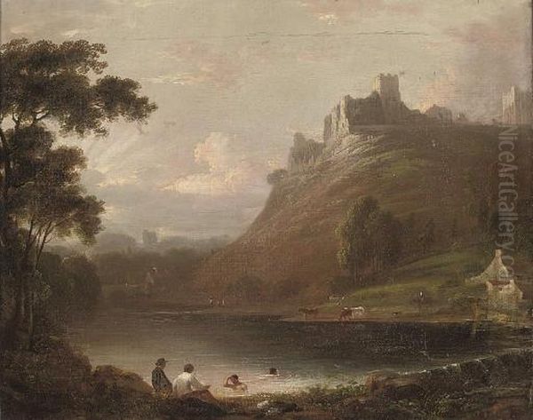 A Wooded River Landscape With A 
Ruined Castle On A Hill, Figures Bathing In The Foreground, And A Town 
Beyond Oil Painting by Richard Wilson