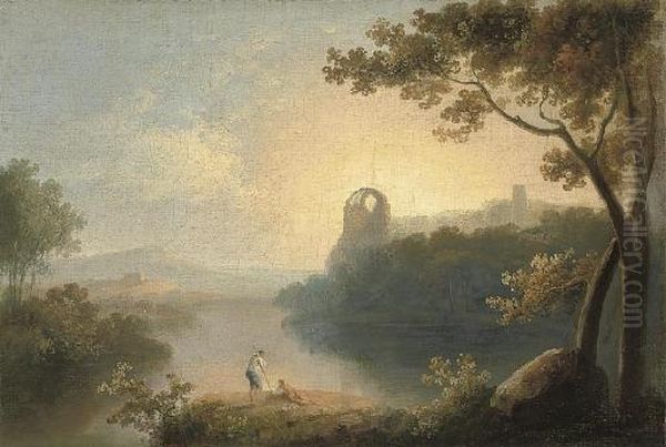 An Extensive Wooded River 
Landscape, With Figures And A Dog In The Foreground, Ruins Beyond Oil Painting by Richard Wilson