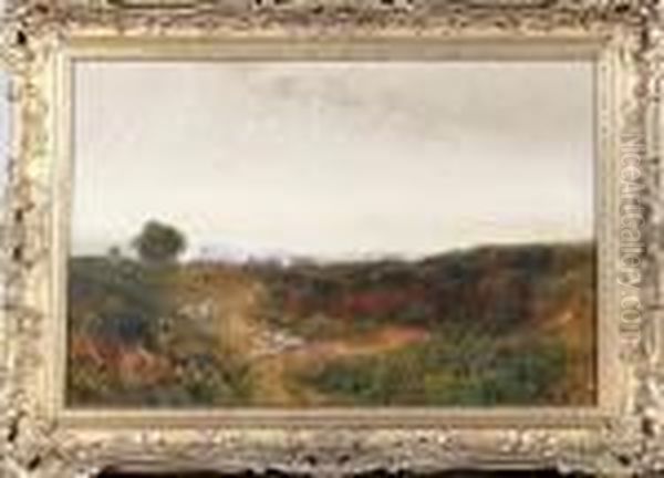 A View On The South Downs With 
Sheep Resting In The Foreground And A Village In The Distance Oil Painting by Edmund Morison Wimperis