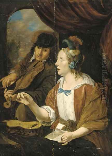An elegant couple making music in an interior Oil Painting by Jacob Toorenvliet