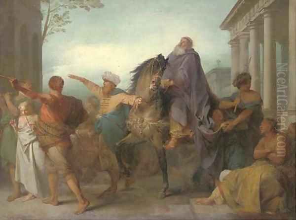 A classical scene with an old man being lead through a city on horseback Oil Painting by Nicolas-Antoine Taunay