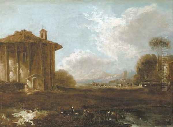 An Italianate landscape with figures strolling near a ruin of a classical temple Oil Painting by Carlo Antonio Tavella, Il Solfarola