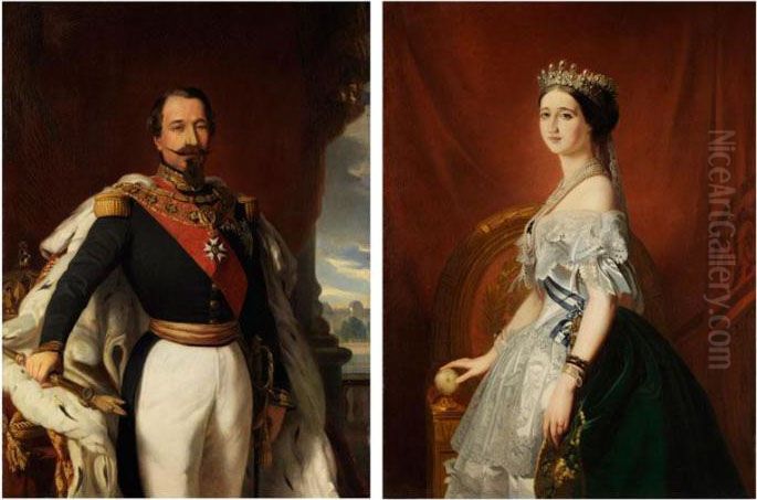 Napoleon Iii. In Uniform Mit Hermelinmantel An Einem
Tisch Mit Krone Und Zepter, Im Hintergrund Das Louvre-schloss Oil Painting by Franz Xavier Winterhalter