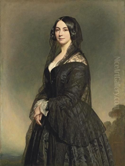 Portrait Of A Lady, 
Three-quarter-length, In A Black Dress With A Black Lace Veil, A 
Landscape Beyond Oil Painting by Franz Xavier Winterhalter