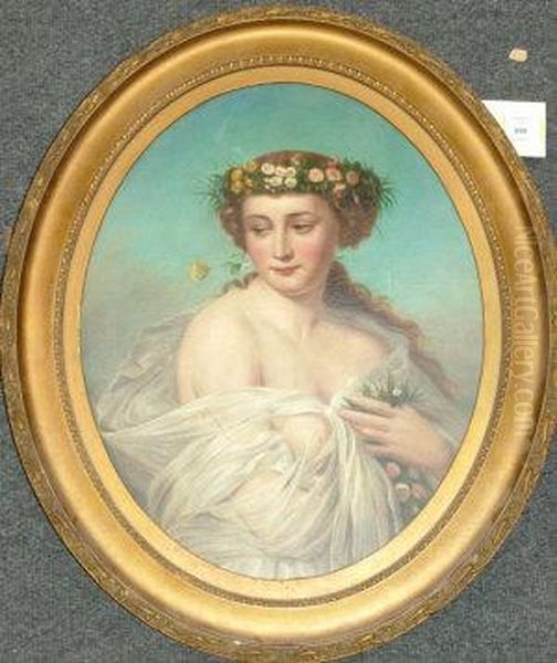 Follower Of Franz Xaver 
Winterhalter -- Portrait Of A Young Woman, Half-length, Partially Draped
 Holding Flowers And With A Butterfly Oil Painting by Franz Xavier Winterhalter