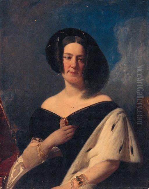 Portrait Of A Lady, Seated 
Half-length, In A Black Dress And Erminewrap, And Feathered Headdress Oil Painting by Franz Xavier Winterhalter