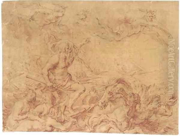 Neptune commanding the Winds, attended by tritons and nereids, a fleet beyond, after Rubens Oil Painting by Theodor Van Thulden