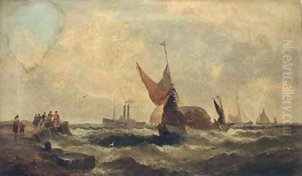 Shipping in a swell; and Shipping coming into a quay Oil Painting by William A. Thornley or Thornbery