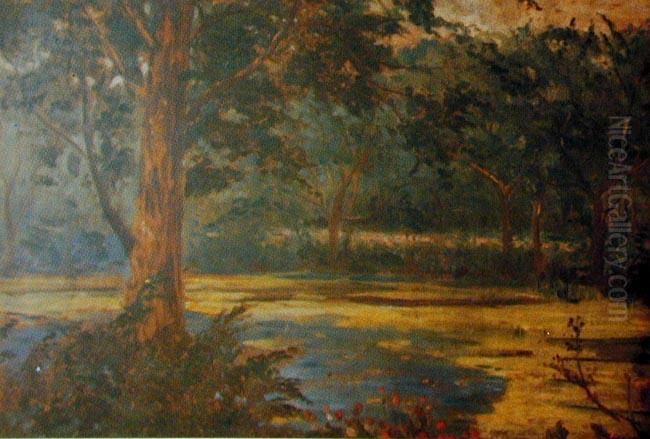 Pejzaz Z Drzewami I Stawem Oil Painting by Wincenty Wodzinowski