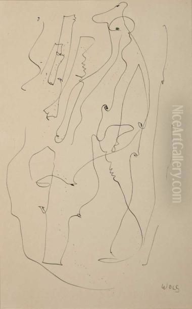 Personnages Elegants Circa 1947 
Dessina La Plume Sur Papier Signe Wols En Bas A Droite 24,5 X 16 
Cmprovenance: Ancienne Collection Otto Wols France Anciennecollection 
Grety Wols Oil Painting by Otto Wols