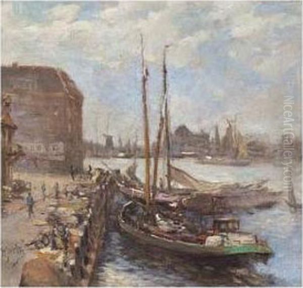 A View Of The Bomkade, Dordrecht Oil Painting by Hendrik Jan Wolter