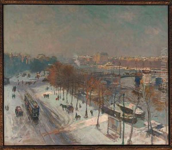 The Amstel In Winter, With The 
Amstel Hotel And Theceintuurbaanbrug In The Distance; A View From The 
Artist'sstudio Oil Painting by Hendrik Jan Wolter
