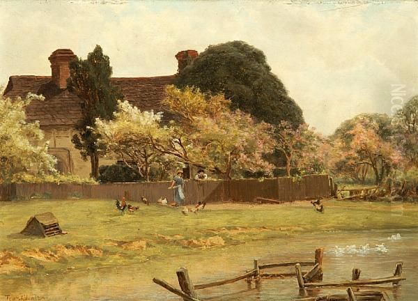 Feeding Chickens By The Pond Oil Painting by Frank Watson Wood