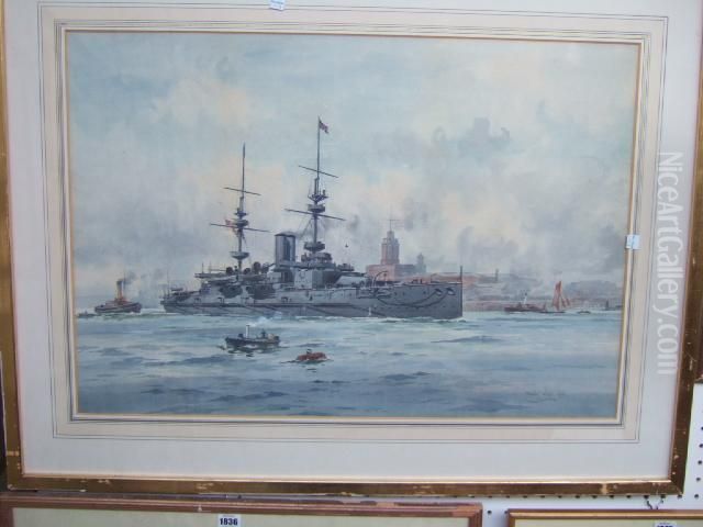 The Pre-dreadnought Battleship Majestic Leaving Portsmouth Oil Painting by Frank Watson Wood