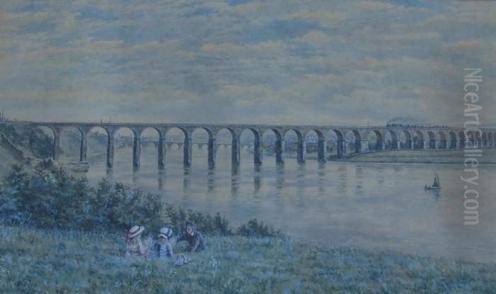 The Railway Bridge, Berwick Oil Painting by Frank Watson Wood