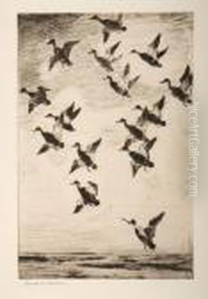 Black Ducks Towering Oil Painting by Frank Watson Wood