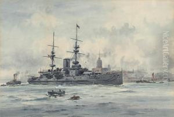 The Pre-'dreadnought' Battleship 
Majestic Oil Painting by Frank Watson Wood