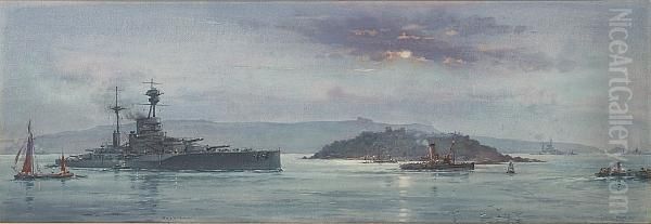 H.m.s. 'resolution' Heading Down Plymouth Sound Towards The Open Sea Oil Painting by Frank Watson Wood