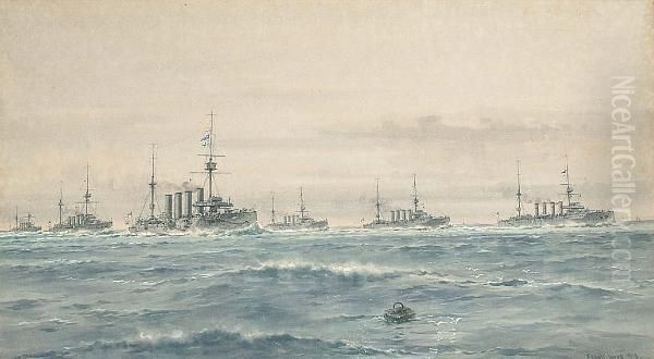 A Cruiser Squadron At Sea Oil Painting by Frank Watson Wood