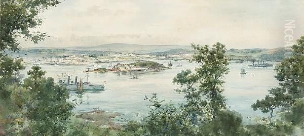 Drake's Island, With Plymouth 
Across The Sound, As Seen From Mount Edgecumbe, Above 'the Bridge' Oil Painting by Frank Watson Wood