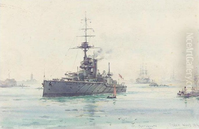 'h.m.s. King George V' At 
Portsmouth, 1914; The Home Port 'h.m.s. Tiger'; 'h.m.s. Ajax' 1914; 
Battle Ships And Tugboats By Moonlight Oil Painting by Frank Watson Wood