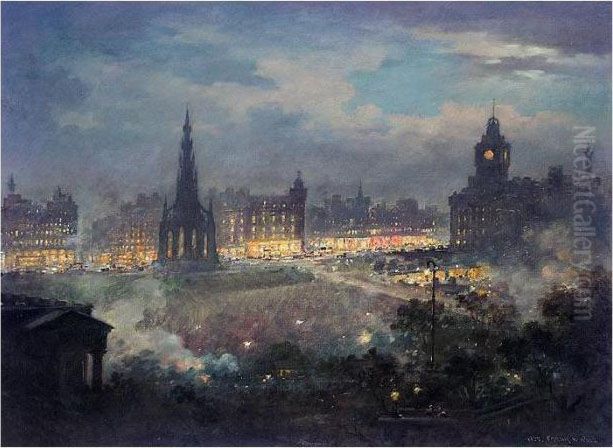 Edinburgh At Night With Princes Street In The Distance Oil Painting by Frank Watson Wood