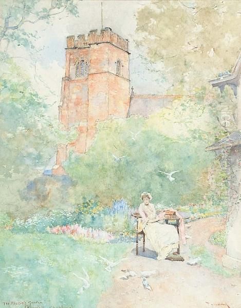 A Lady Seated In The Rector's 
Garden, Signed And Inscribed 'the Rector's Garden, Chegwall, Cheshire' Oil Painting by David Woodlock