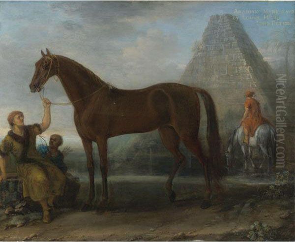 A Dark Chestnut Arabian Mare, 
Given By King Louix Xiv To Lord Petreheld By A Groom In A Landscape Oil Painting by John Wootton