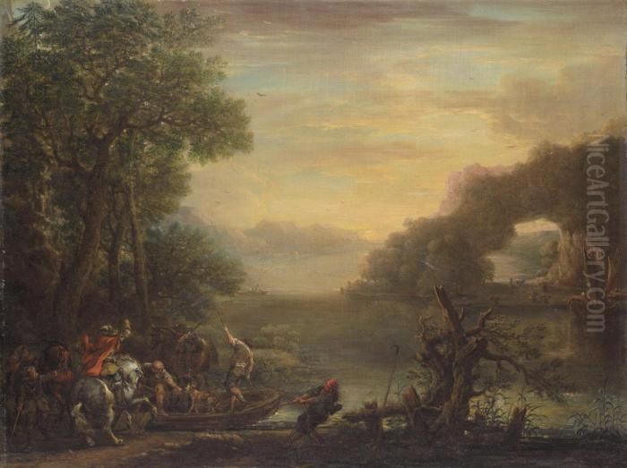 An Extensive River Landscape, 
With Cavaliers Embarking On A Ferry, Sailing Boats Anchored At The Shore
 Beyond Oil Painting by John Wootton