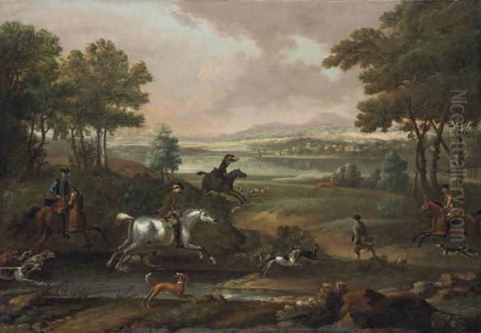 A Staghunt, With Hounds And 
Huntsmen Closing In, In An Extensive River Landscape With A Town And 
Mountains Beyond Oil Painting by John Wootton