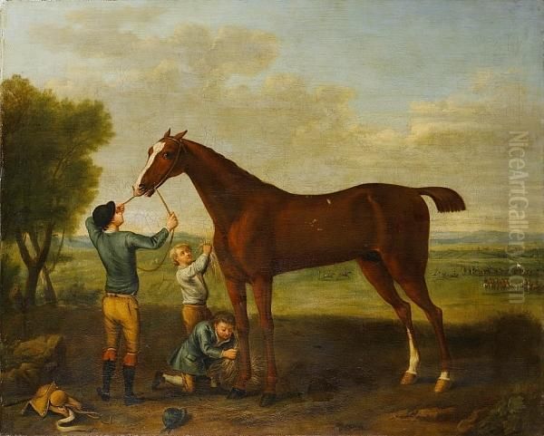 Lord Essex's Smiling Ball Held 
By His Jockey,being Rubbed Down After His Victory In The Race Depicted 
In Thedistance Oil Painting by John Wootton
