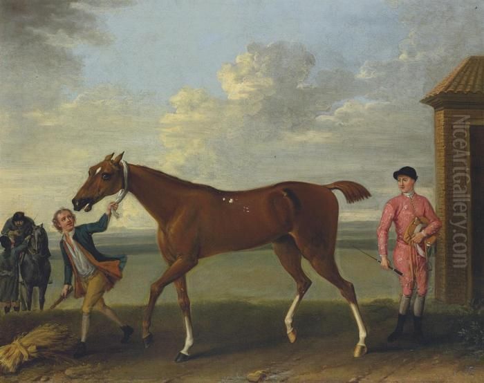 A Chestnut Racehorse Held By A 
Groom, With A Jockey Dismounted, Bythe King's Stables, Newmarket Oil Painting by John Wootton