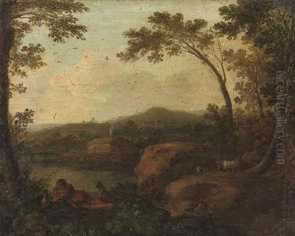 A Classical Wooded River 
Landscape, With A Shepherd At Rest In The Foreground With His Dog, A 
Cottage Beyond Oil Painting by John Wootton