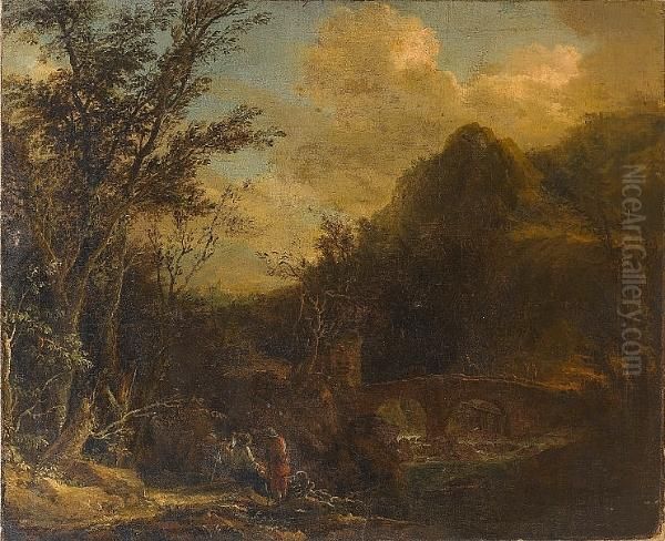 A Rocky River Landscape With 
Figures Resting On The Banks, Travellers Crossing A Bridge Beyond Oil Painting by John Wootton