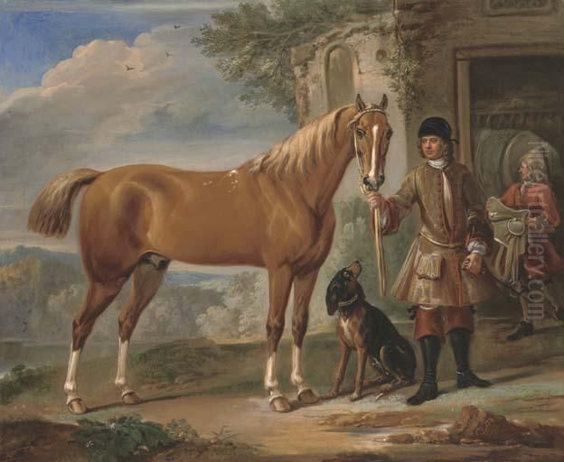 John Shafto Of Bavington Hall, 
And Whitworth Hall, Northumberland,holding A Hunter, In A Landscape With
 A Groom And Stablebeyond Oil Painting by John Wootton