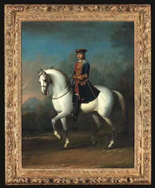 Equestrian Portrait 
Traditionally Identified As Ferdinand Albrecht,later Duke Of Brunswick, 
Full-length, In A Blue Coat, In Alandscape With A Castle Beyond Oil Painting by John Wootton