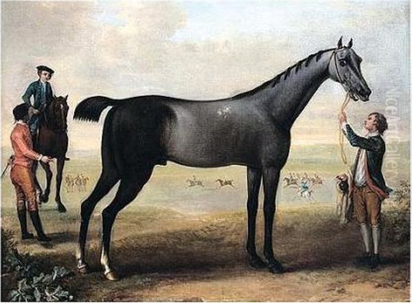 Childers, A Grey Racehorse Held 
By A Groom On Newmarket Heath, Another Racehorse To The Left And A Race 
In Progress Beyond Oil Painting by John Wootton