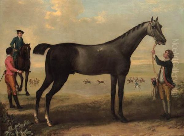 Childers, A Dark Bay Racehorse 
Held By A Groom, With A Horse Andrider And Jockey Beside Him, In An 
Extensive Landscape. Oil Painting by John Wootton