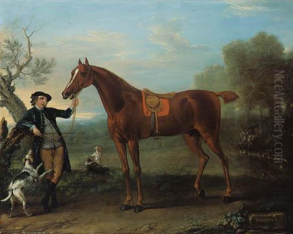 Squirrel, A Thoroughbred 
Chestnut Hunter Held By A Groom, In Anextensive Wooded Landscape Oil Painting by John Wootton