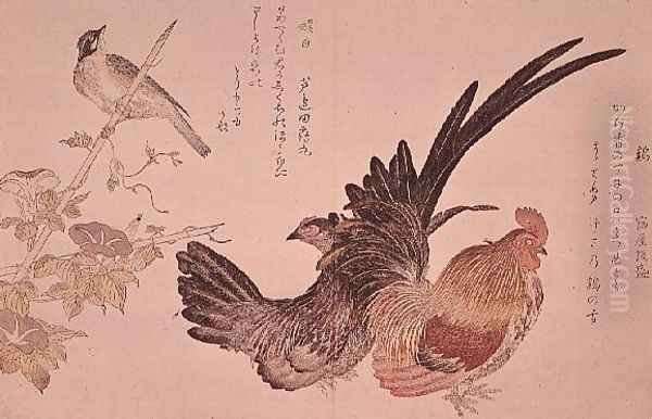 A domestic hen and cock and Japanese bunting on a bamboo shoot, c.1791 Oil Painting by Kitagawa Utamaro