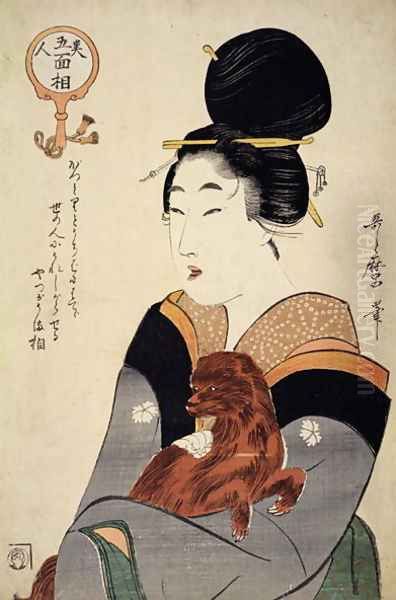 A woman holding a dog in her arms, from Five physiognomies of Beauty, c.1804 Oil Painting by Kitagawa Utamaro