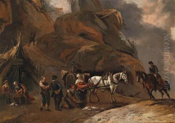 Fishmongers In A Mountainous Landscape Oil Painting by Pieter Wouwermans or Wouwerman