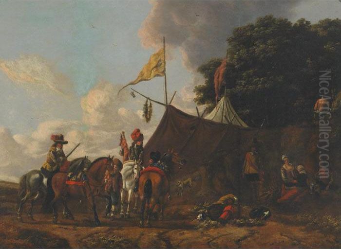 Hunters Resting At An Encampment Oil Painting by Pieter Wouwermans or Wouwerman