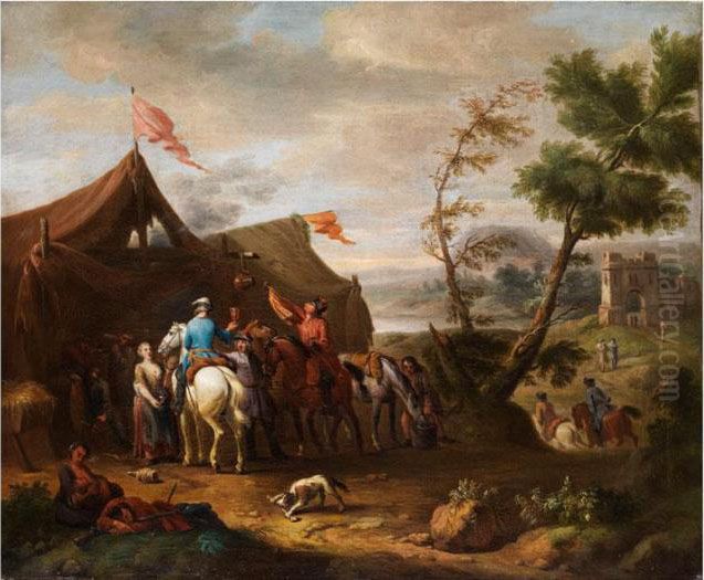 Zwei Reiter In Begleitung Mehrerergesellen Vor Einem Marketenderzelt Oil Painting by Pieter Wouwermans or Wouwerman